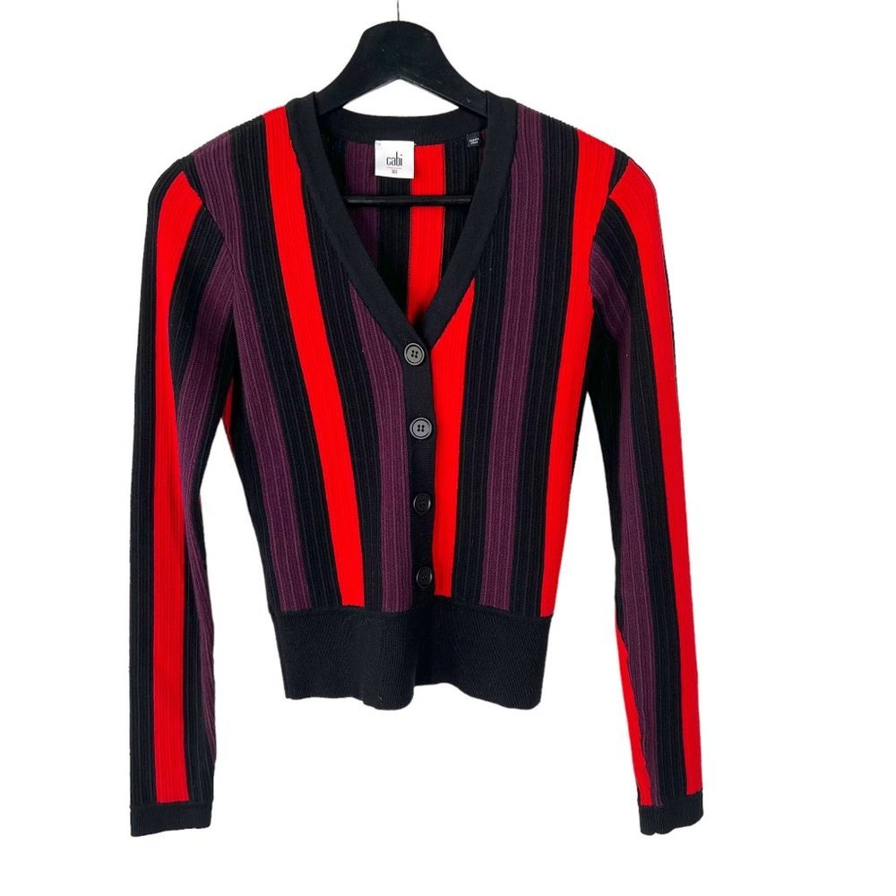 CAbi Black Red Purple Stripe Ribbed Short Waist Pullover Sweater Top XS